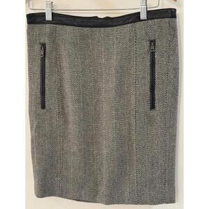 Burberry Prorsum Herringbone Wool Leather Trim Skirt